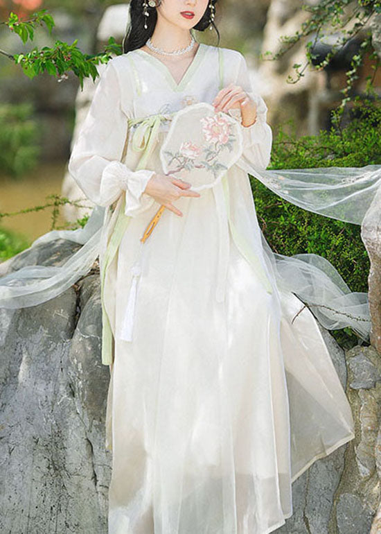 Chinese Style Beige Embroideried Lace Up Patchwork Chiffon Long Dresses Summer