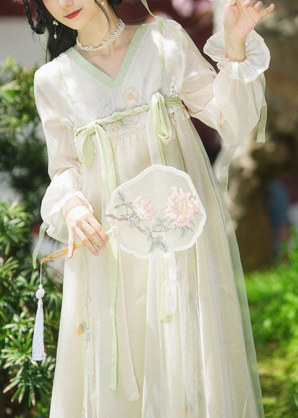 Chinese Style Beige Embroideried Lace Up Patchwork Chiffon Long Dresses Summer