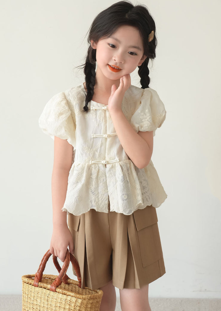 Chinese Style Beige O-Neck Patchwork Button Kids Shirt Short Sleeve