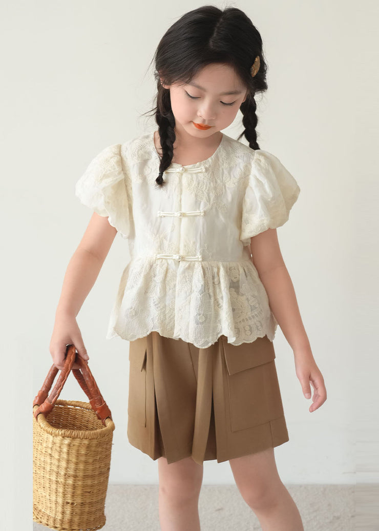 Chinese Style Beige O-Neck Patchwork Button Kids Shirt Short Sleeve