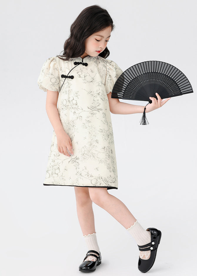 Chinese Style Beige Stand Collar Print Button Kids Mid Dress Short Sleeve