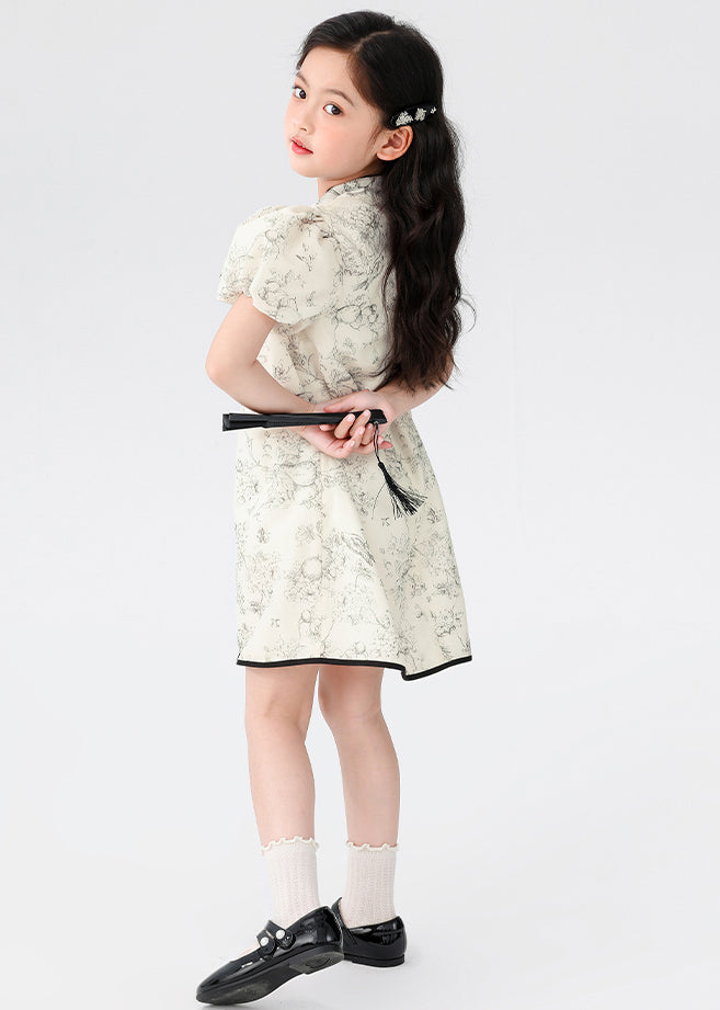 Chinese Style Beige Stand Collar Print Button Kids Mid Dress Short Sleeve