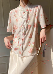 Chinese Style Beige Stand Collar Print Silk Shirt Summer