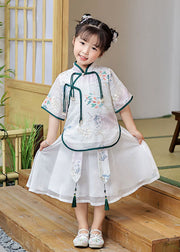 Chinese Style Beige Stand Collar Tasseled Patchwork Cotton Baby Girls Two Pieces Set Summer