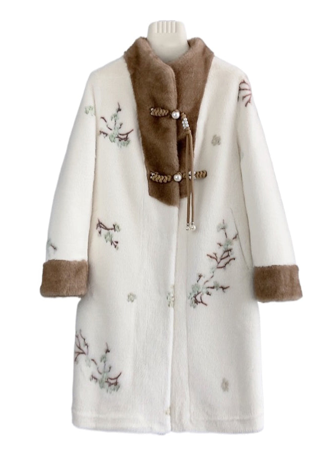 Chinese Style Beige Tasseled Embroidered Mink Cashmere Coat Winter