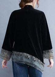 Chinese Style Black Asymmetrical Button Patchwork Silk Velour Blouses Spring