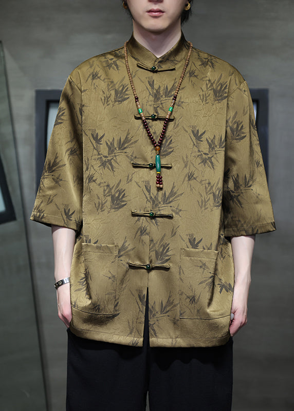 Chinese Style Black Button Pockets Ice Silk Men Shirt Summer