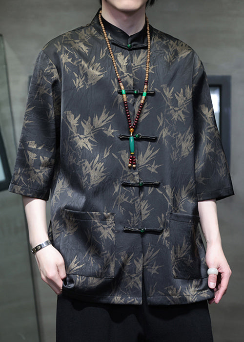 Chinese Style Black Button Pockets Ice Silk Men Shirt Summer