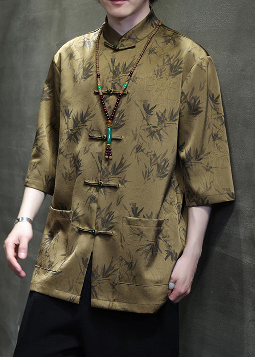 Chinese Style Black Button Pockets Ice Silk Men Shirt Summer