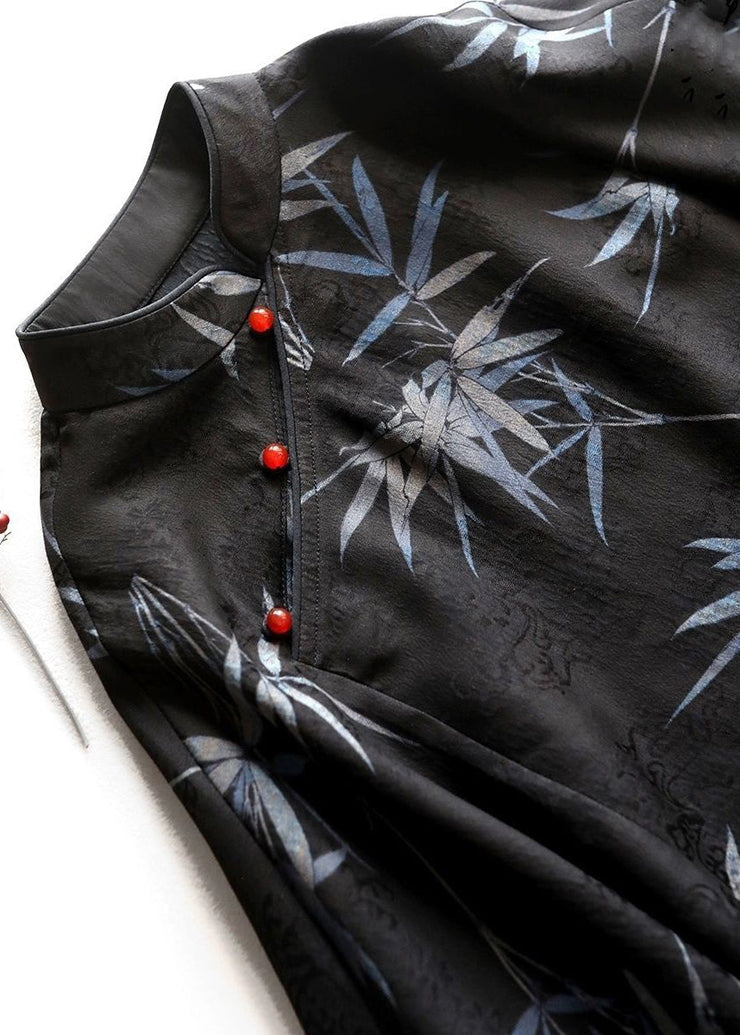 Chinese Style Black Button Print Silk Shirt Half Sleeve