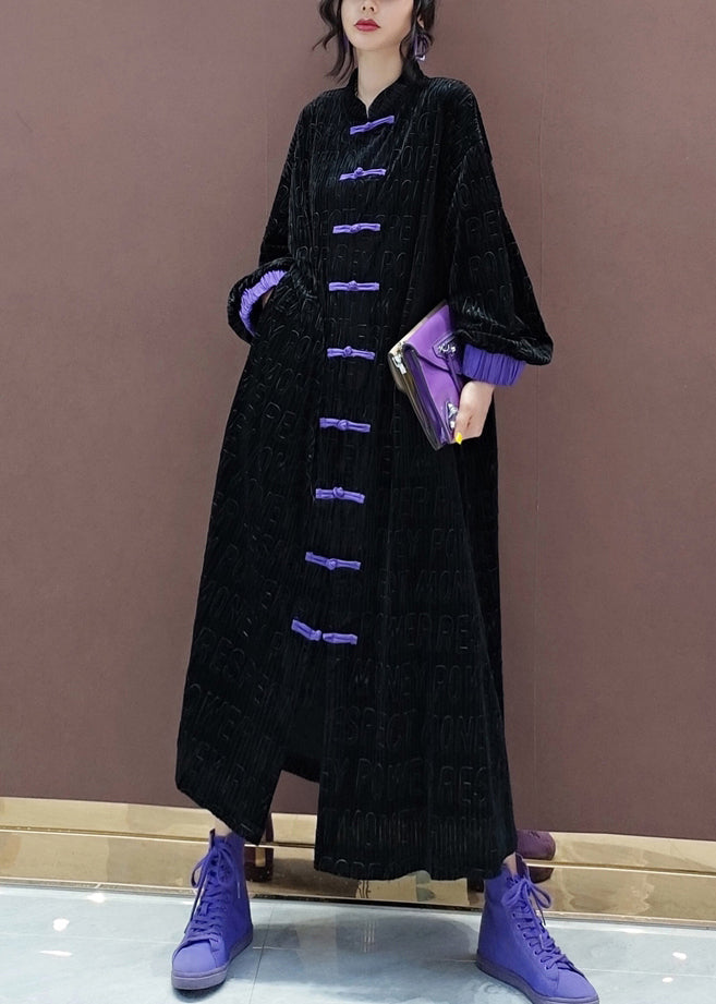 Chinese Style Black Chinese Button Patchwork Silk Velour Trench Coat Spring