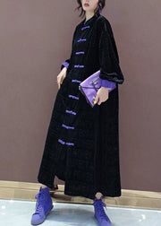 Chinese Style Black Chinese Button Patchwork Silk Velour Trench Coat Spring