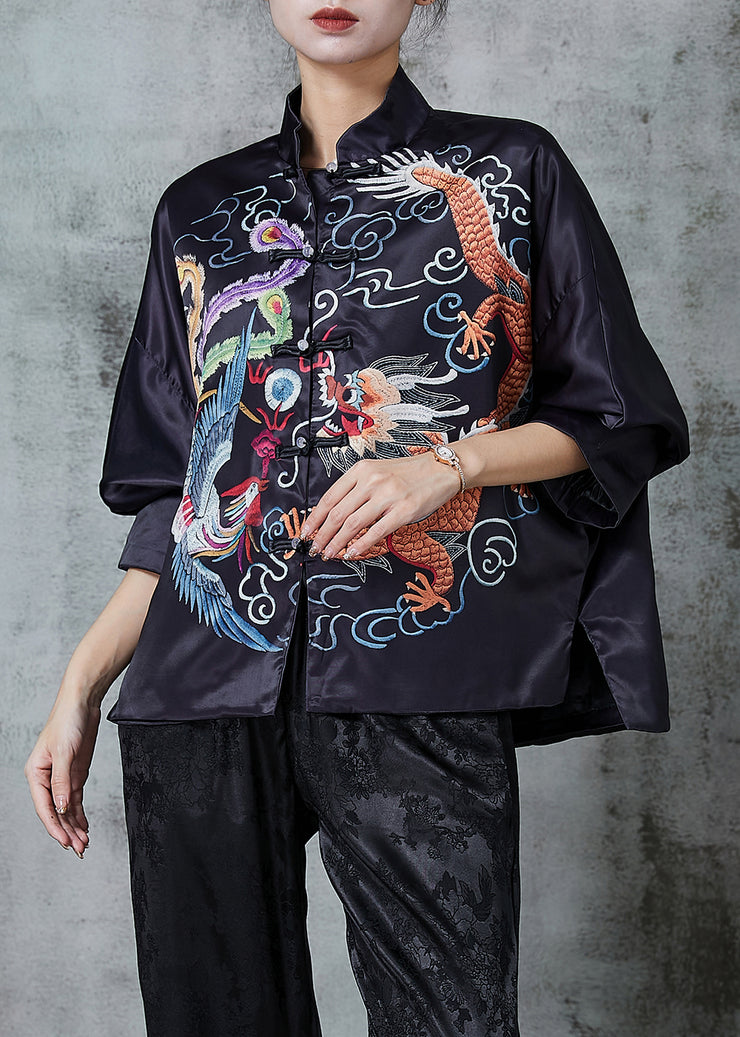 Chinese Style Black Dragon Embroidered Silk Blouse Top Spring