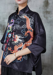 Chinese Style Black Dragon Embroidered Silk Blouse Top Spring