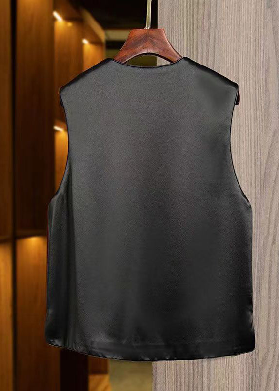 Chinese Style Black Embroideried Oriental Button Silk Vest Sleeveless