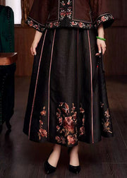 Chinese Style Black Embroidered Pockets Patchwork Silk Skirts Fall