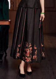 Chinese Style Black Embroidered Pockets Patchwork Silk Skirts Fall