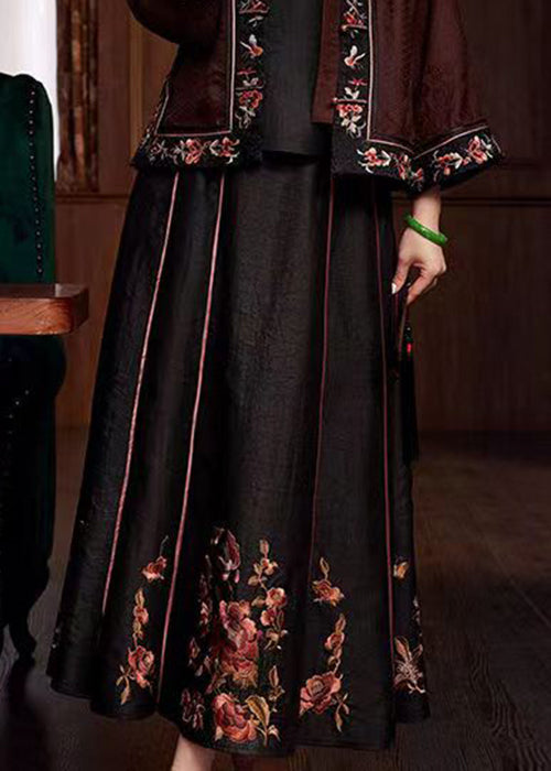 Chinese Style Black Embroidered Pockets Patchwork Silk Skirts Fall