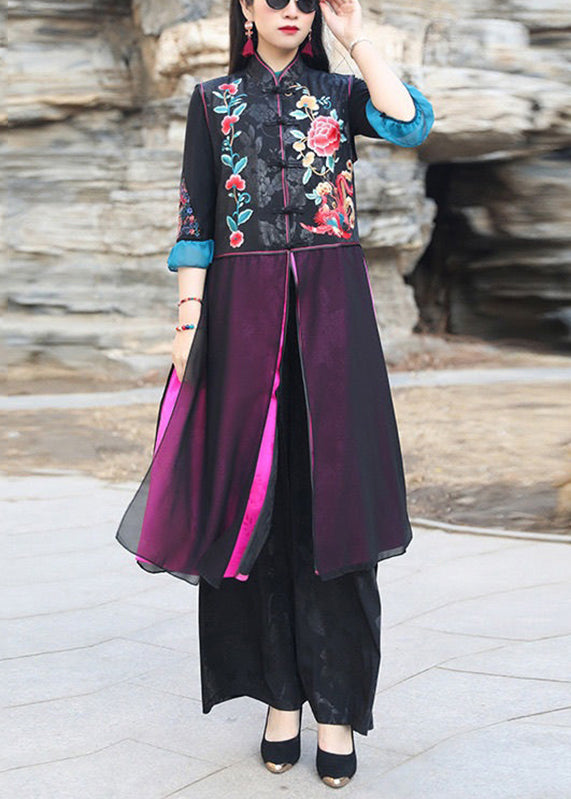 Chinese Style Black Embroideried Side Open Patchwork Silk Long Waistcoat Sleeveless