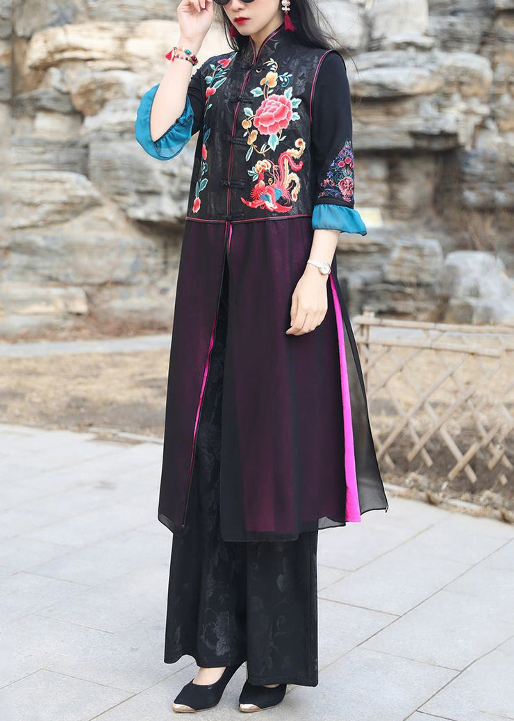 Chinese Style Black Embroideried Side Open Patchwork Silk Long Waistcoat Sleeveless