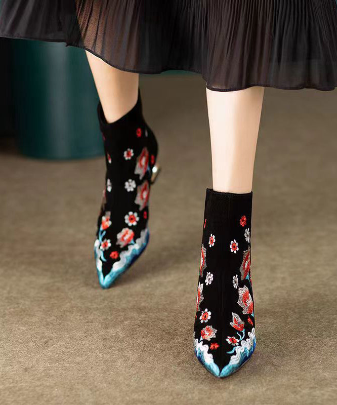 Chinese Style Black Flower Embroidered Pointed Toe Short Boots