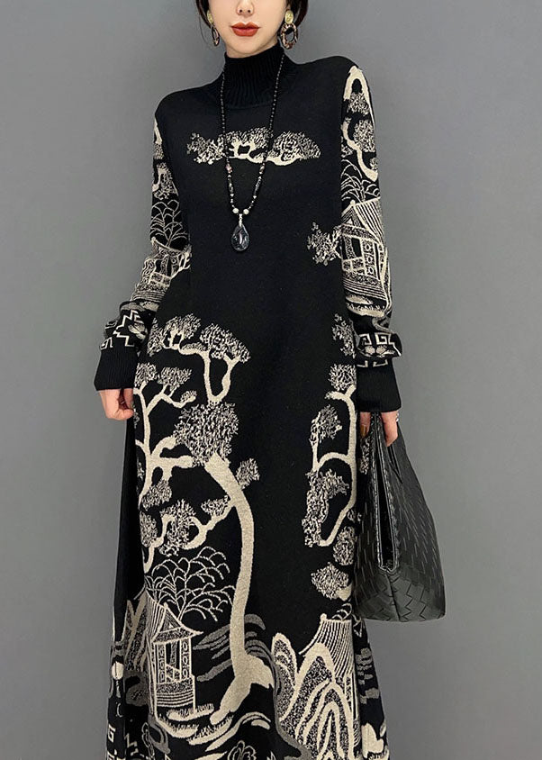 Chinese Style Black Hign Neck Print Knit Dresses Winter