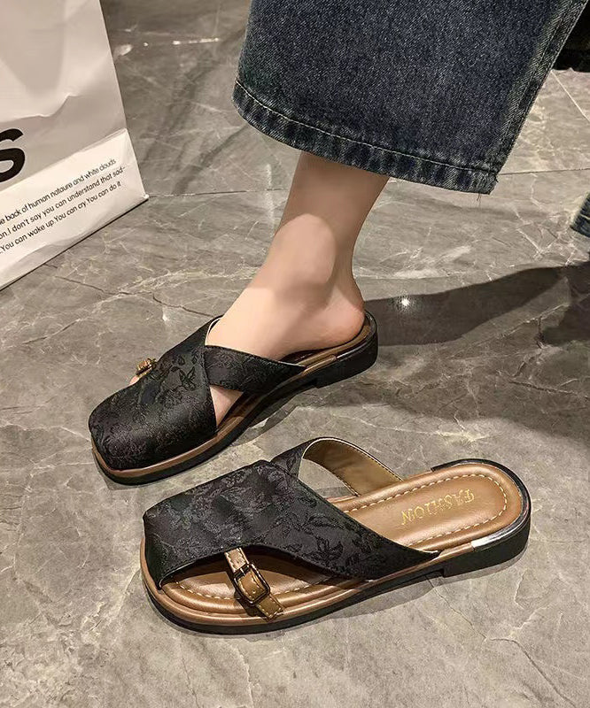 Chinese Style Black Hollow Out Print Satin Slide Sandals