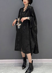 Chinese Style Black Hooded Embroideried Jacquard Cotton Trench Coat Fall