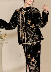 Chinese Style Black Jacquard Silk Velour Two Pieces Set Fall