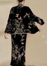 Chinese Style Black Jacquard Silk Velour Two Pieces Set Fall