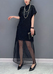 Chinese Style Black Jacquard Tulle Patchwork Silk Long Dress Summer