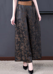 Chinese Style Black Lace Up Elastic Waist Silk Wide Leg Pants Summer