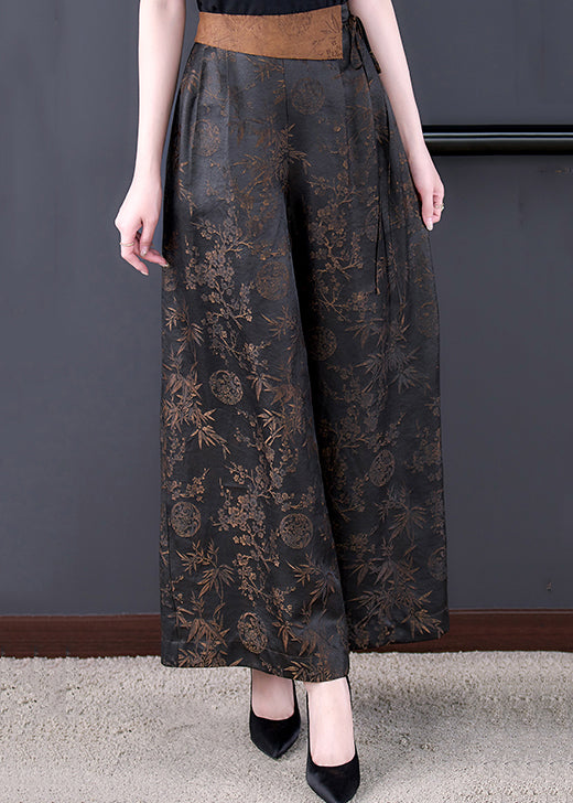 Chinese Style Black Lace Up Elastic Waist Silk Wide Leg Pants Summer