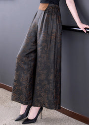 Chinese Style Black Lace Up Elastic Waist Silk Wide Leg Pants Summer