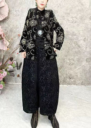 Chinese Style Black O Neck Floral Velour Short Coat Spring