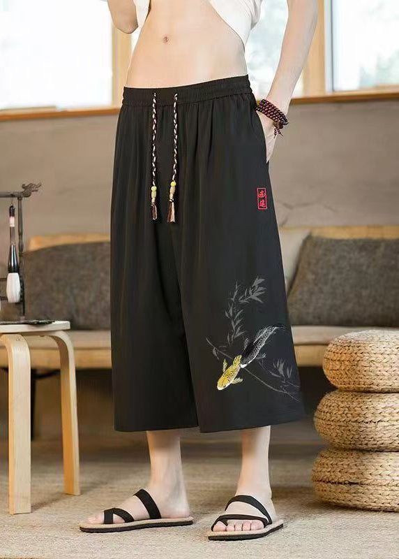 Chinese Style Black Pockets Print Elastic Waist Men Crop Pants Summer