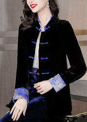 Chinese Style Black Print Button Silk Velour Coats Long Sleeve