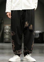 Chinese Style Black Print Lace Up Cotton Beam Pants Men Fall