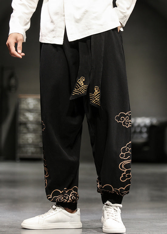 Chinese Style Black Print Lace Up Cotton Beam Pants Men Fall