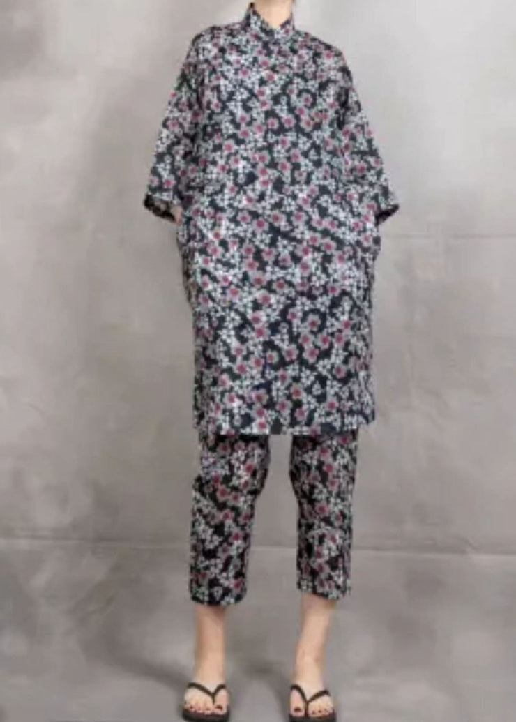 Chinese Style Black Print Tops And Pants Linen Two Pieces Set Summer