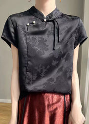 Chinese Style Black Solid Button Silk Top Short Sleeve