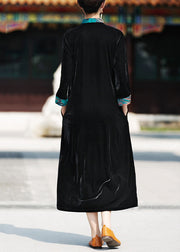 Chinese Style Black Stand Collar Button Patchwork Silk Velour Dress Fall