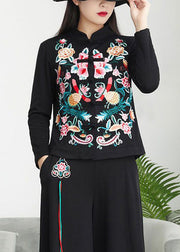 Chinese Style Black Stand Collar Embroideried Patchwork Cotton Top Fall