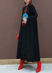 Chinese Style Black Stand Collar Embroidered Silk Velour Maxi Dresses Long Sleeve