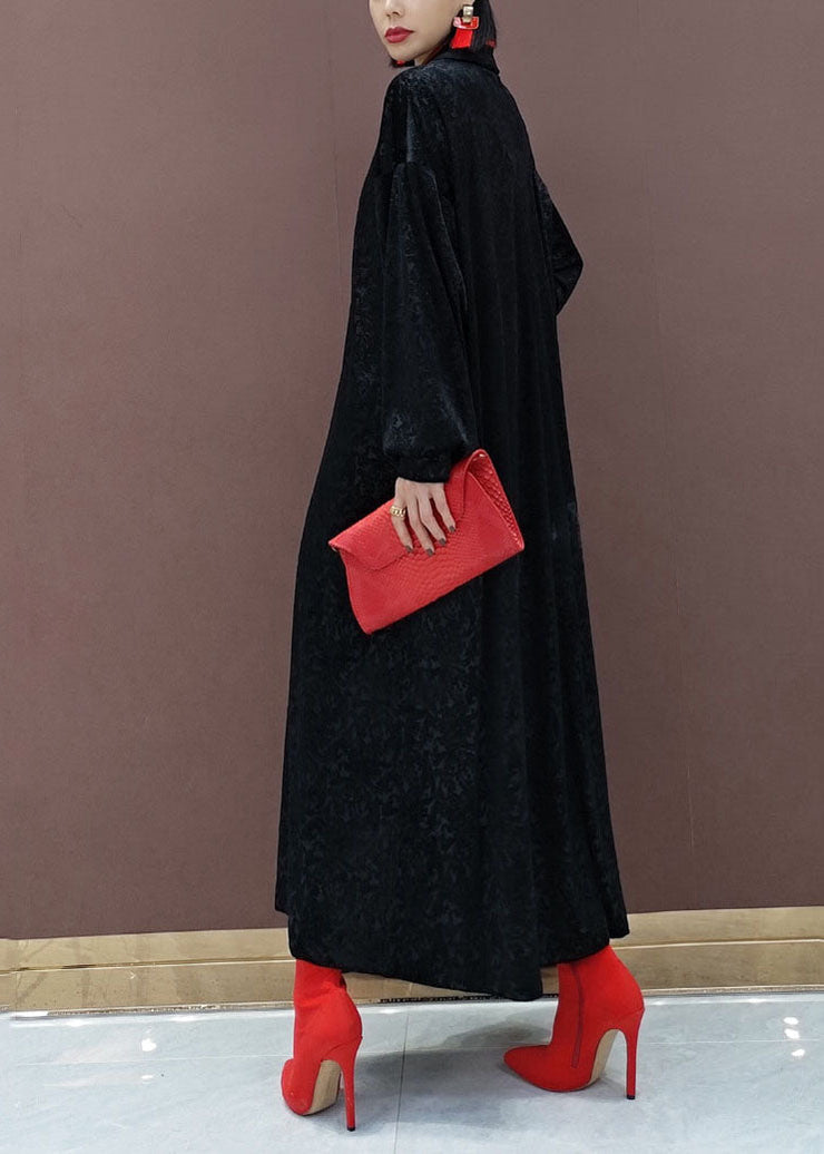 Chinese Style Black Stand Collar Embroidered Silk Velour Maxi Dresses Long Sleeve