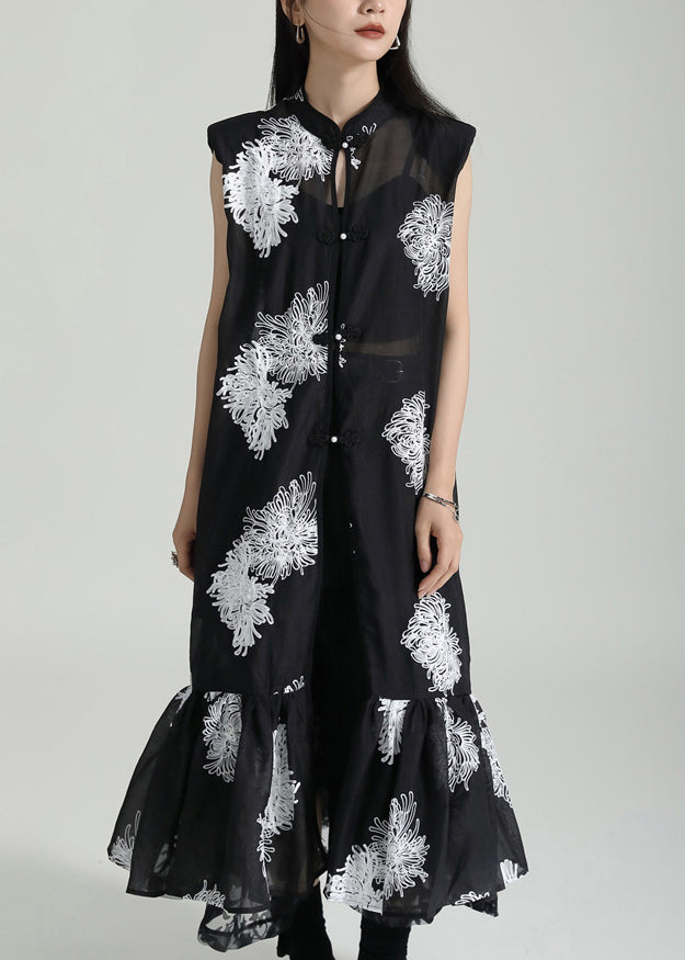 Chinese Style Black Stand Collar Embroideried Tulle Dresses Sleeveless