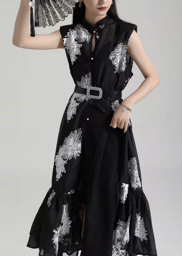 Chinese Style Black Stand Collar Embroideried Tulle Dresses Sleeveless