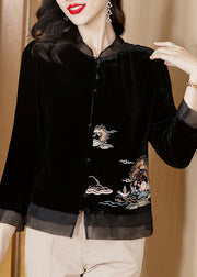 Chinese Style Black Stand Collar Embroideried Velour Top Spring