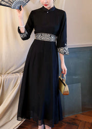 Chinese Style Black Stand Collar Patchwork Chiffon Dress Bracelet Sleeve