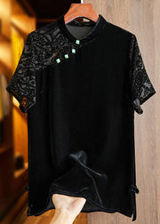 Chinese Style Black Stand Collar Patchwork Velour Blouses Short Sleeve